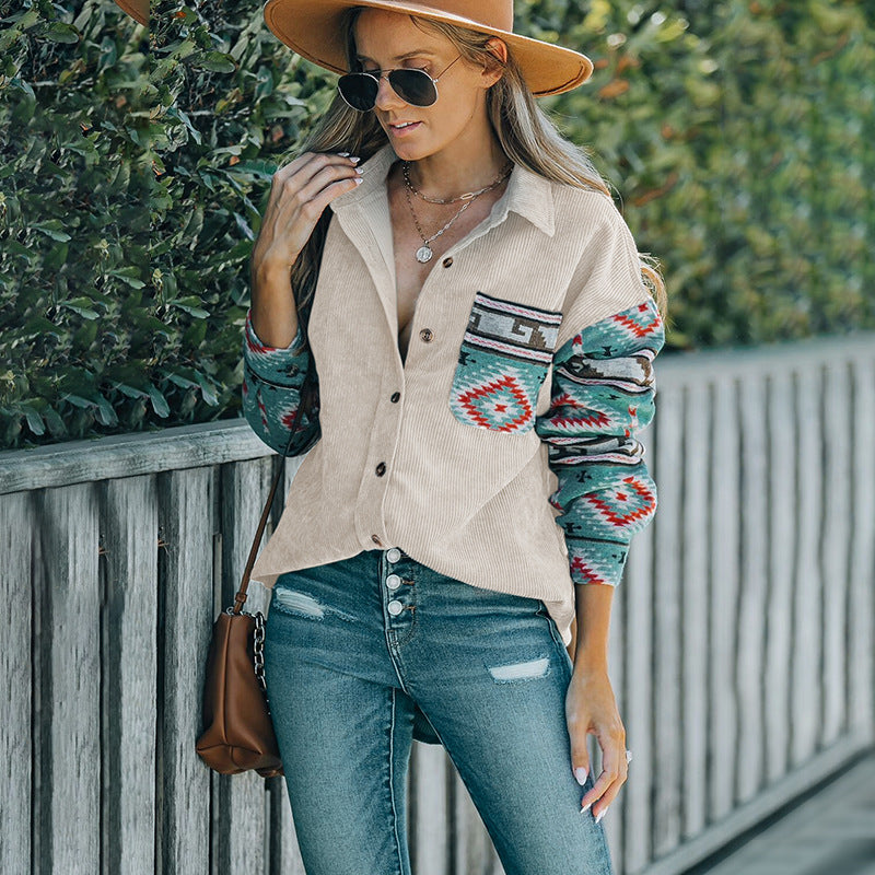 Damen Cordjacke mit dekorativem Ethnomuster R&B