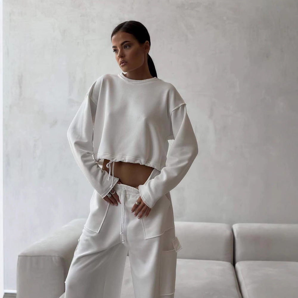 Damen lässiges cropped Sweatshirt mit Kordelzug und weiten Ärmeln R&B