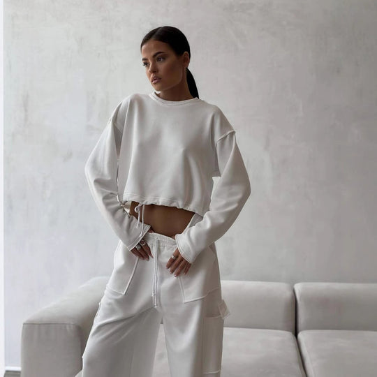 Damen lässiges cropped Sweatshirt mit Kordelzug und weiten Ärmeln R&B
