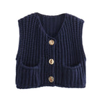 Damen modische Strickweste mit dekorativen Knopfdetails und praktischen Taschen R&B