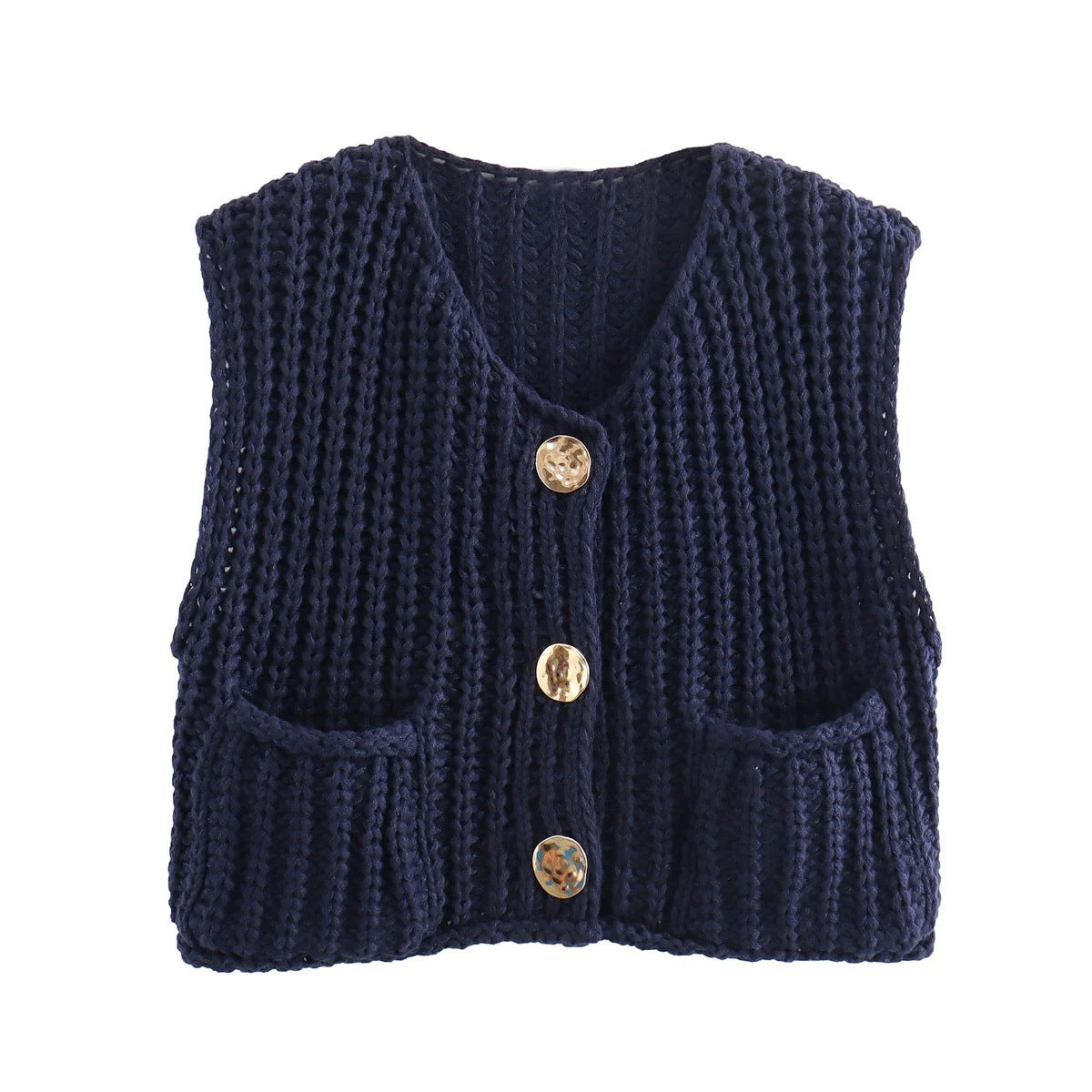 Damen modische Strickweste mit dekorativen Knopfdetails und praktischen Taschen R&B