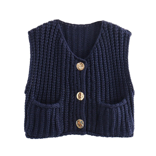 Damen modische Strickweste mit dekorativen Knopfdetails und praktischen Taschen R&B