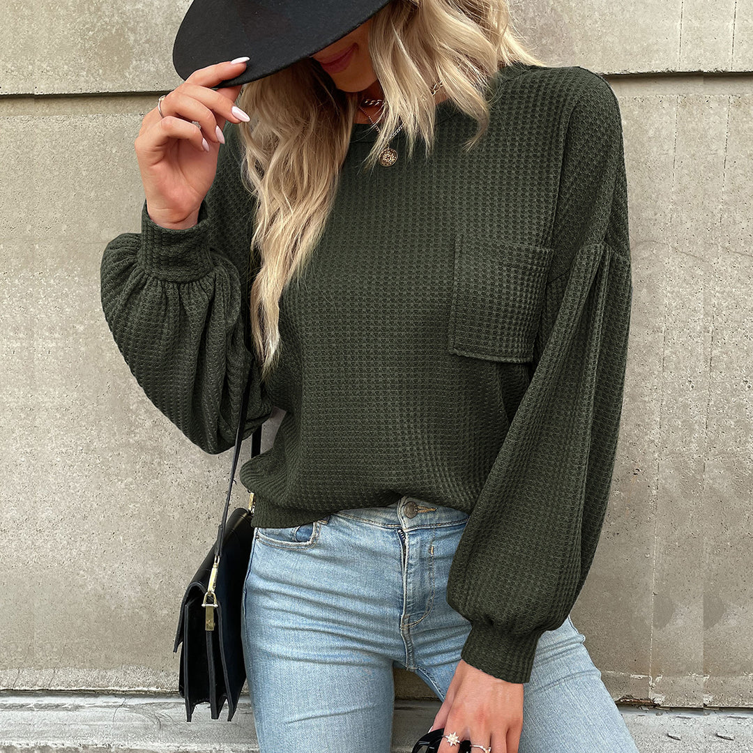 Damen lässiges Strickoberteil mit Puffärmeln und feinem Strukturmuster R&B