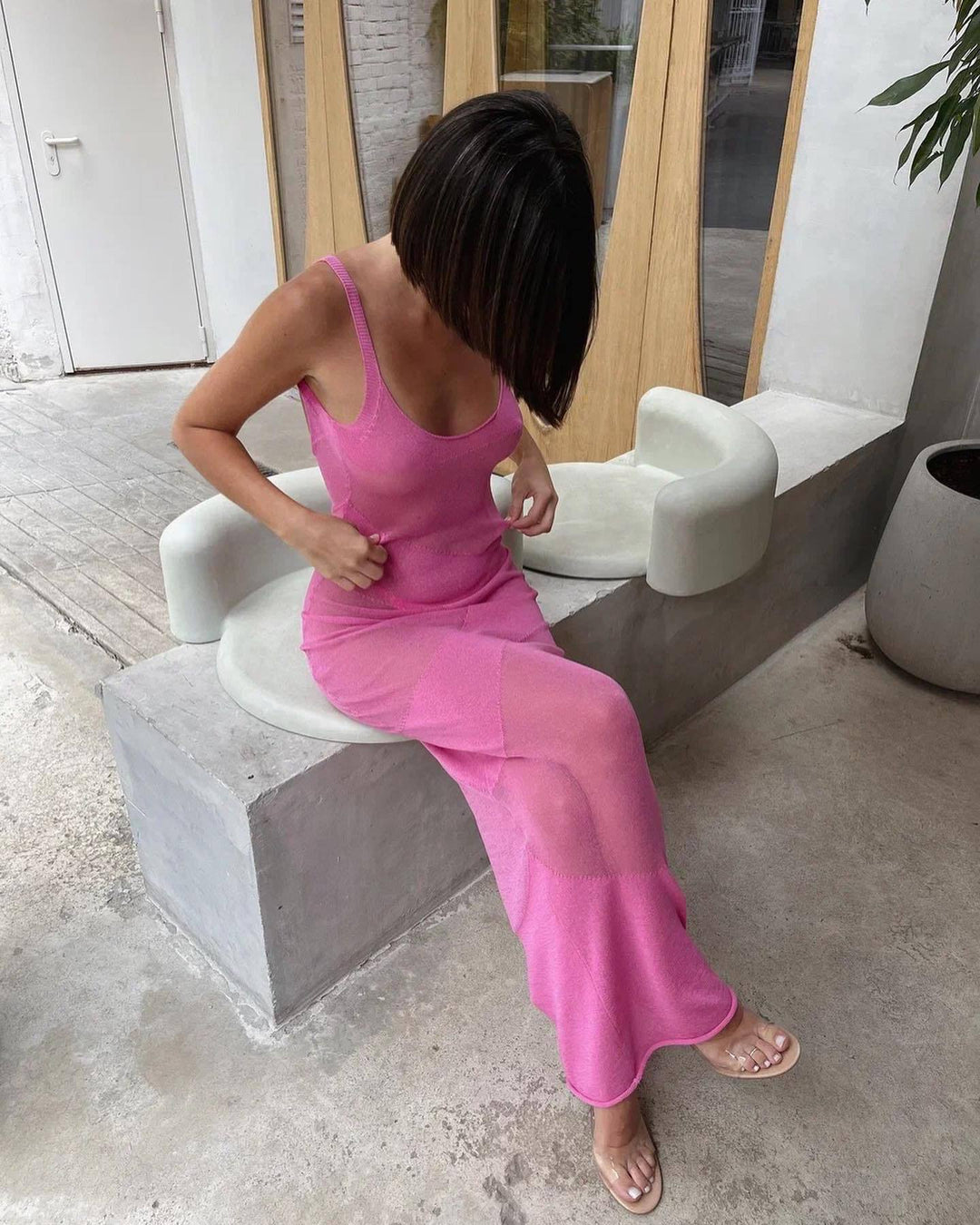 Damen Maxikleid aus transparentem Strickmaterial mit feinster Rippstruktur R&B