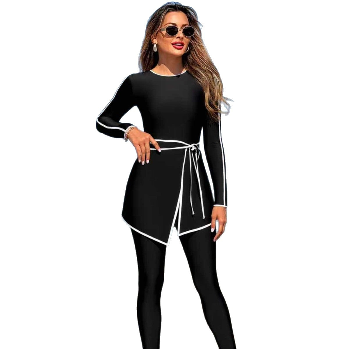 Damen modischer Langarm-Schwimmanzug mit Wickelrock R&B