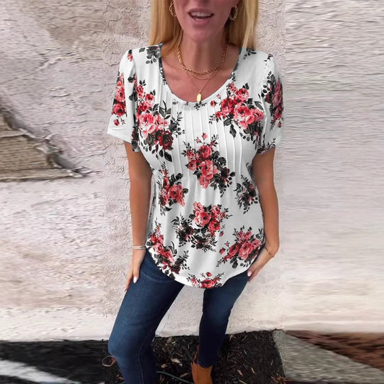 Damen nan locker geschnittenes Kurzarm-Blusenshirt mit Kellerfalten und floralem Druck R&B
