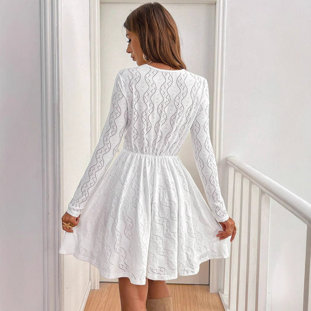 Damen Elegantes Häkelkleid mit V-Ausschnitt und langem Arm R&B
