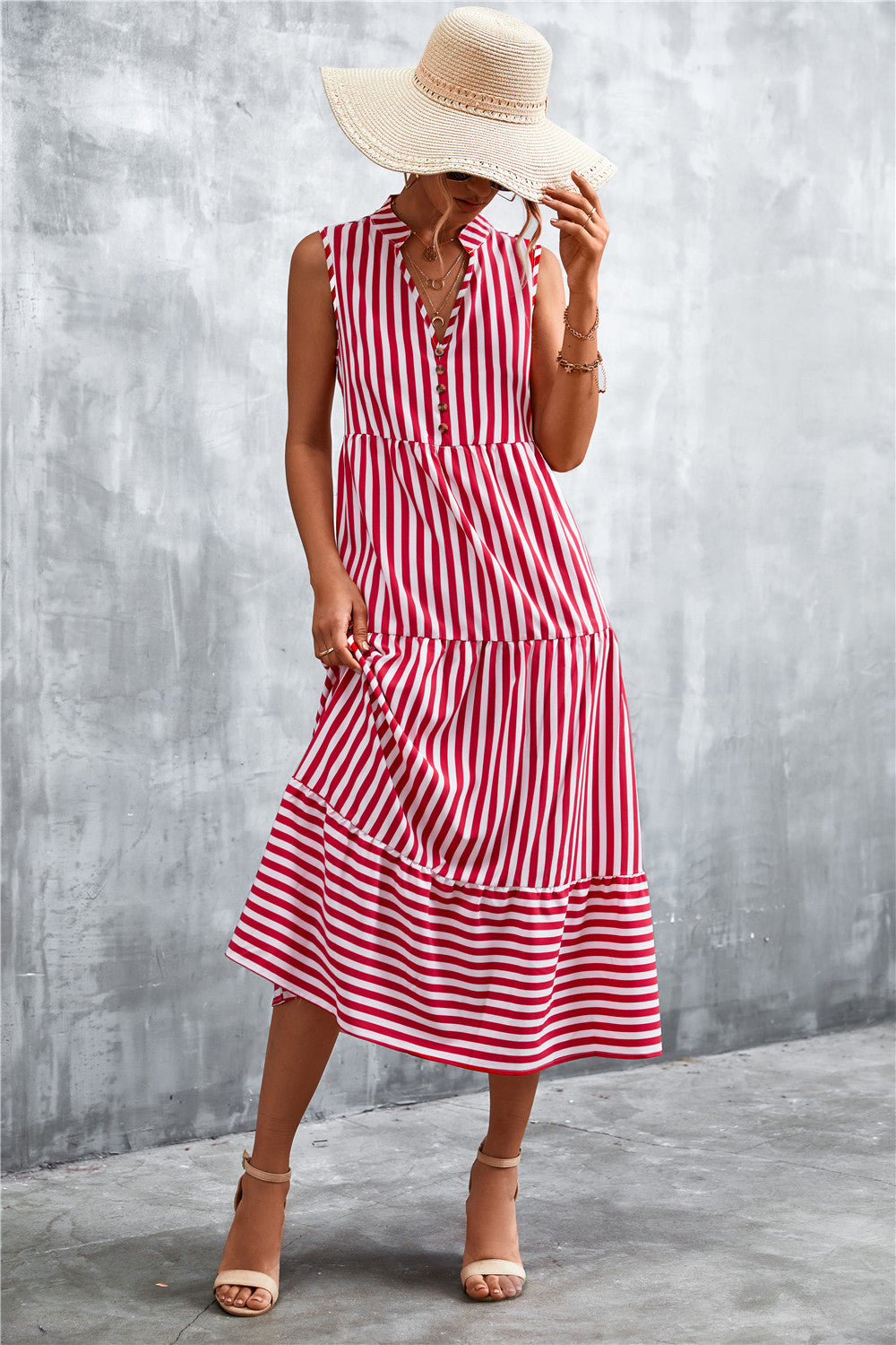 Damen Maxikleid mit gestreiftem Design, durchgehendem Knopfverschluss und voluminösem Saum R&B