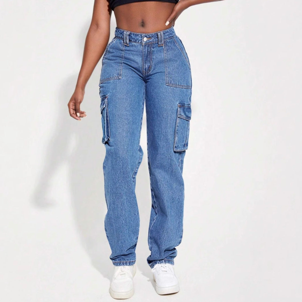 Damen Vintage Cargo Jeans mit elastischem Bund und seitlichen Taschen R&B