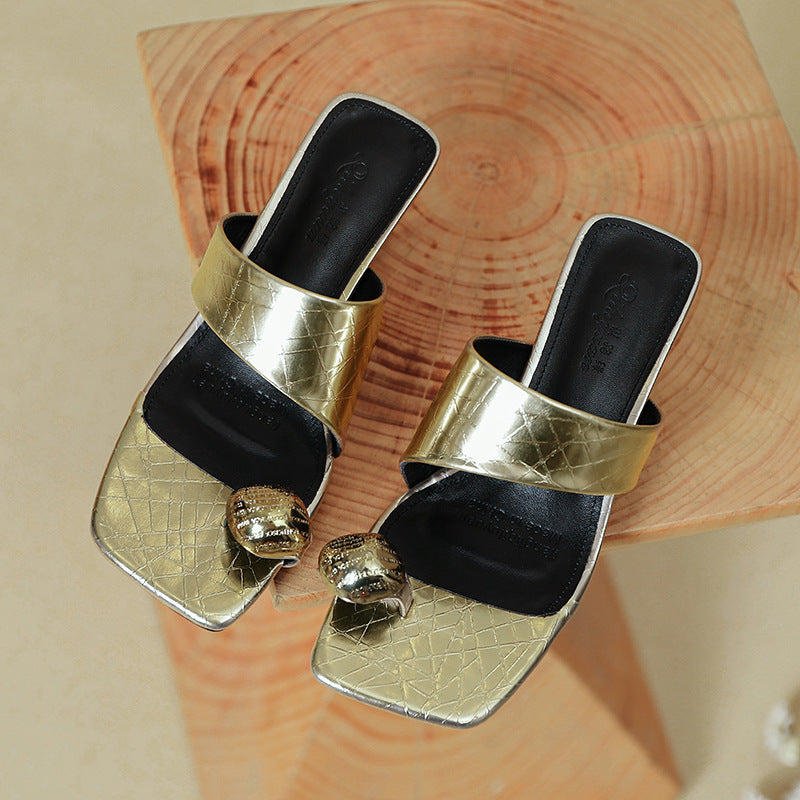 Damen Elegante Slides mit modischem Schlangenleder-Design und dekorativem Schmuck R&B