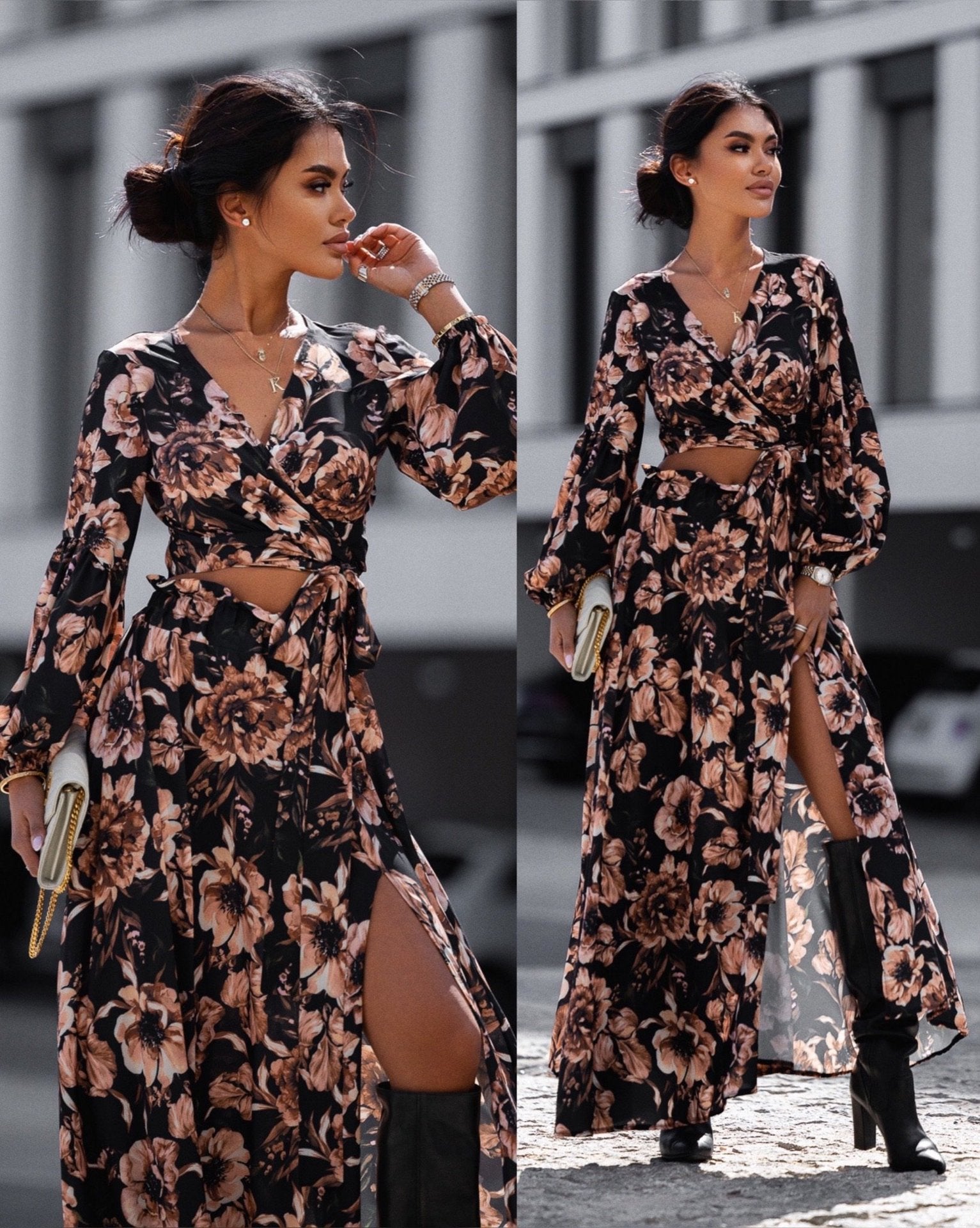 Damen Maxikleid mit Wickeldesign und elegantem floralem Print R&B