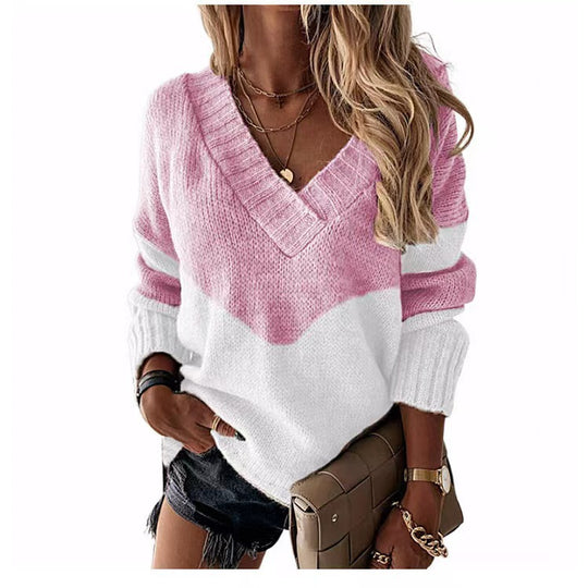 Damen Strickpullover mit V-Ausschnitt und trendigen Farbblockmustern R&B
