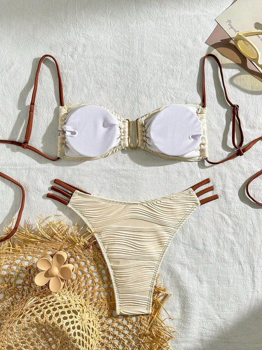 Damen Bandeau-Bikini mit raffiniertem Falten-Design und seitlichen Bindebändern R&B