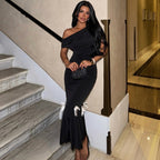 Damen Elegantes Maxikleid mit asymmetrischem One-Shoulder Design und verspielten Rüschendetails R&B