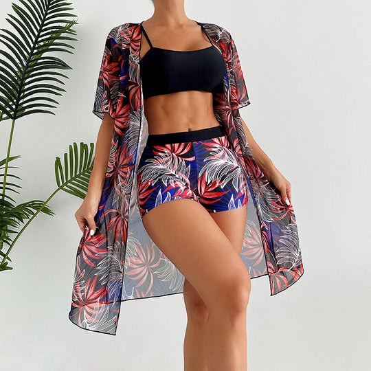 Damen Bademantel mit floralem Design und kurzen Ärmeln R&B