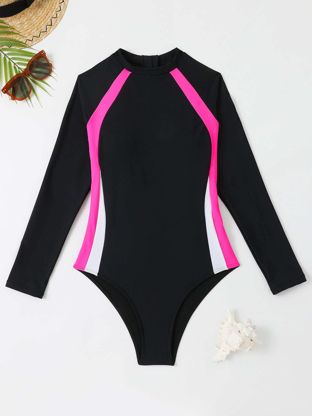 Damen Sportlicher Langarm-Badeanzug mit Farbblockdesign R&B