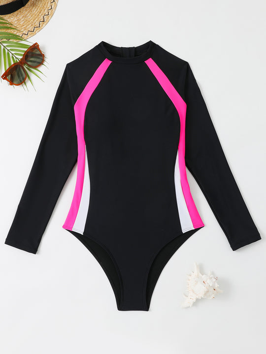 Damen Sportlicher Langarm-Badeanzug mit Farbblockdesign R&B