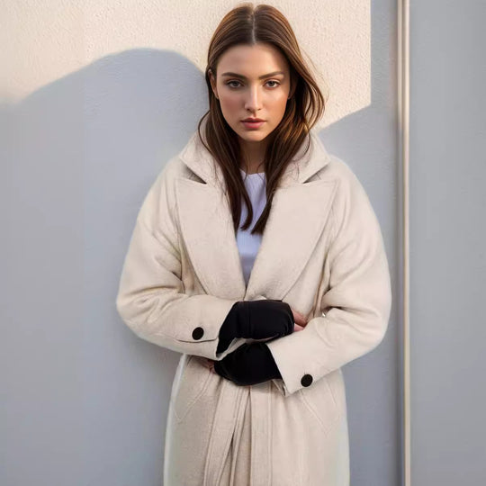 Damen eleganter Wollmantel mit Gürtel und weit geschnittenen Ärmeln R&B