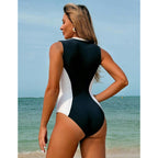 Damen Sportlicher One-Piece Badeanzug mit Reißverschluss und Farbakzenten R&B
