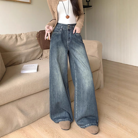 Damen Bequeme High-Waist Weitjeans mit Knopfdetail und modernen Taschen R&B