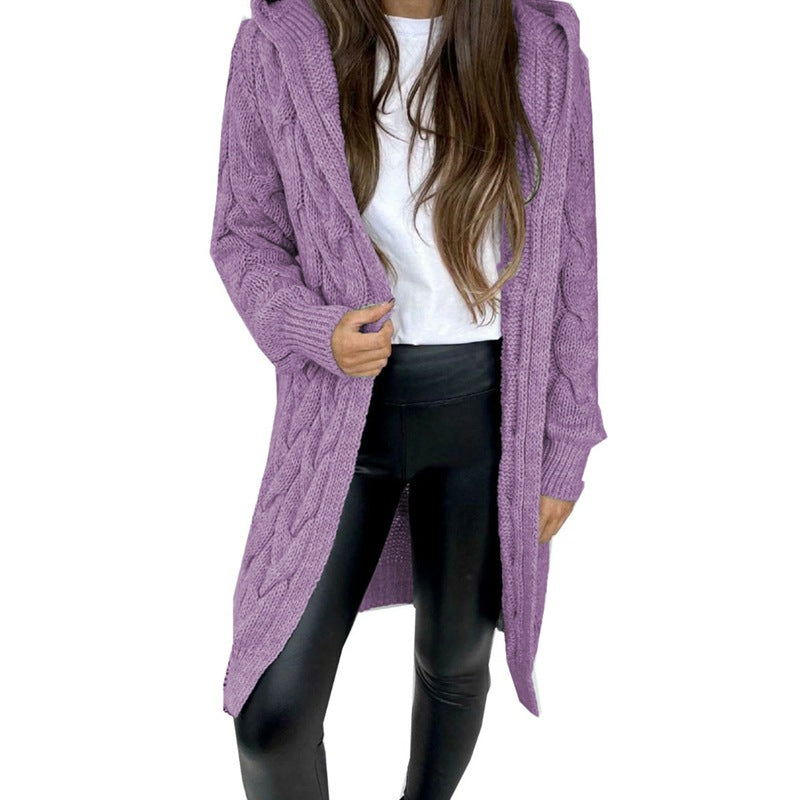 Damen Langer Strickmantel mit strukturiertem Zopfdesign und praktischer Kapuze R&B