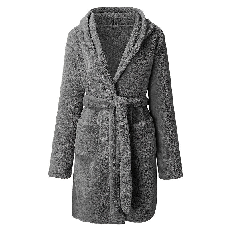 Damen Kuscheliger Fleece-Bademantel mit Kapuze und praktischen Taschen R&B