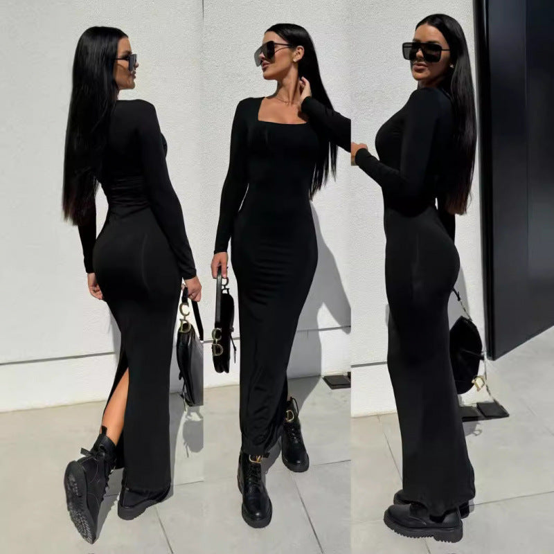 Damen Tierdruck Langarm Maxi Kleid