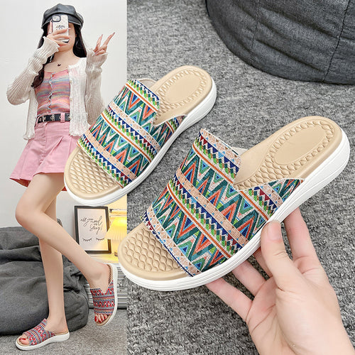 Damen Wedge-Pantoletten mit farbenfrohem Ethnomuster und rutschfester Sohle R&B
