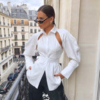 Damen Stylish Off-Shoulder Bluse mit Puffärmeln und Taillengürtel R&B