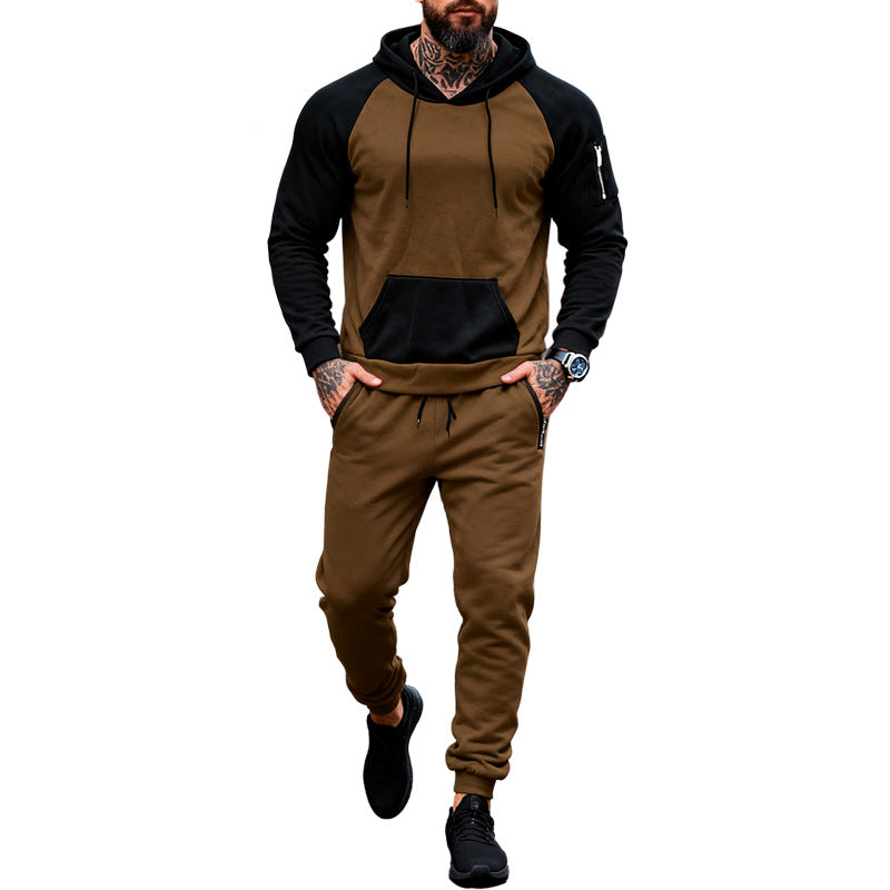 Herren nan zweiteiliges Kapuzen-Sweatset mit Raglanärmeln, Ärmel-Zip-Tasche und tapered Jogginghose R&B