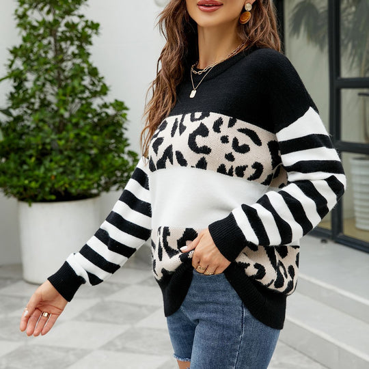 Damen modischer Pullover mit auffälligem Leopardenmuster und gestreiften Ärmeln R&B