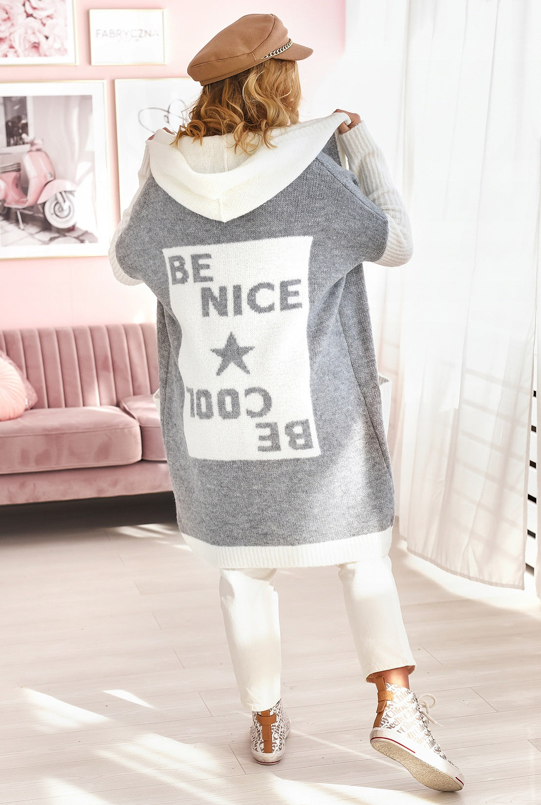 Damen Strickmantel mit Kapuze und modischem Farbblockdesign R&B