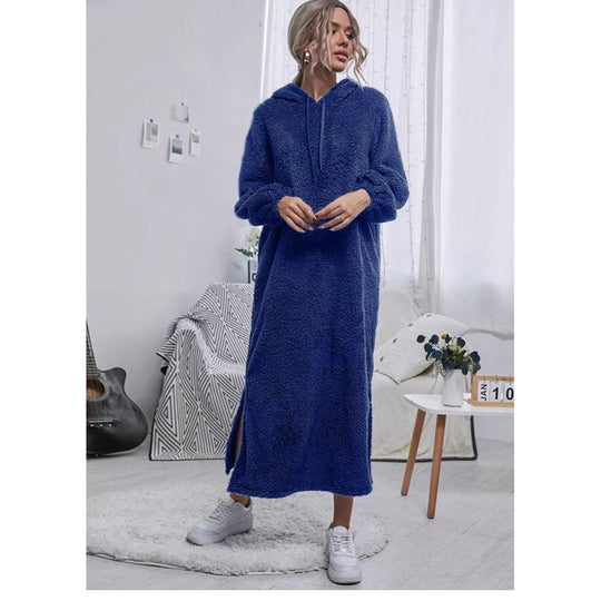 Damen Flauschiger Fleece-Hoodie-Kleid mit Ohren und seitlichen Schlitzen R&B