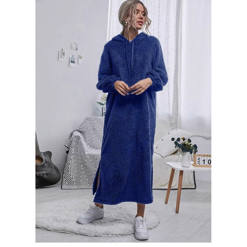 Damen Flauschiger Fleece-Hoodie-Kleid mit Ohren und seitlichen Schlitzen R&B