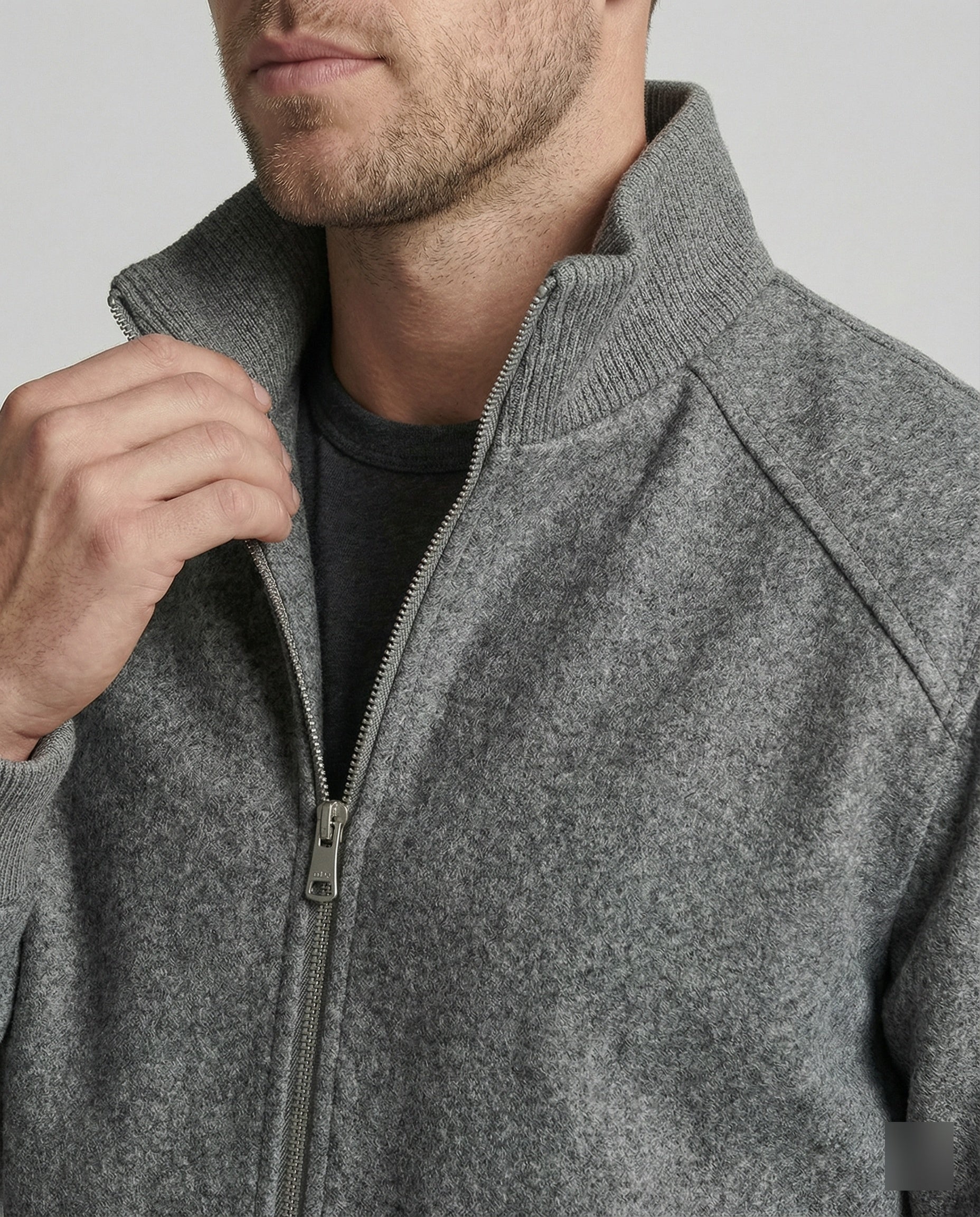 Herren kastig geschnittene Wollmix-Zipjacke mit Stehkragen Raglanärmeln und Rippbündchen R&B