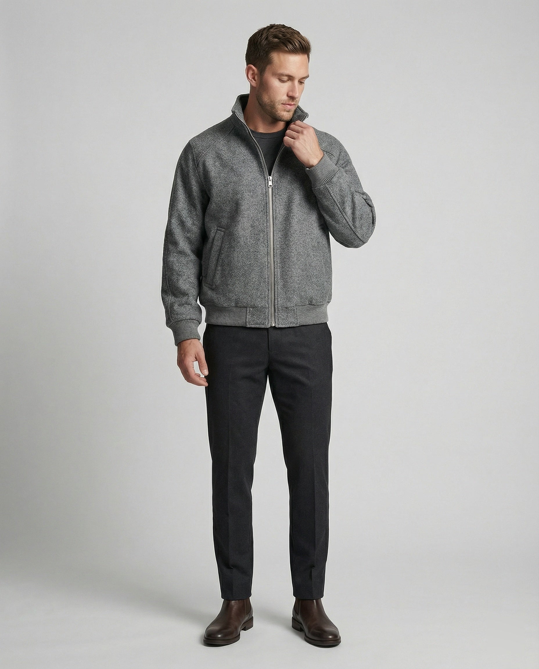 Herren kastig geschnittene Wollmix-Zipjacke mit Stehkragen Raglanärmeln und Rippbündchen R&B