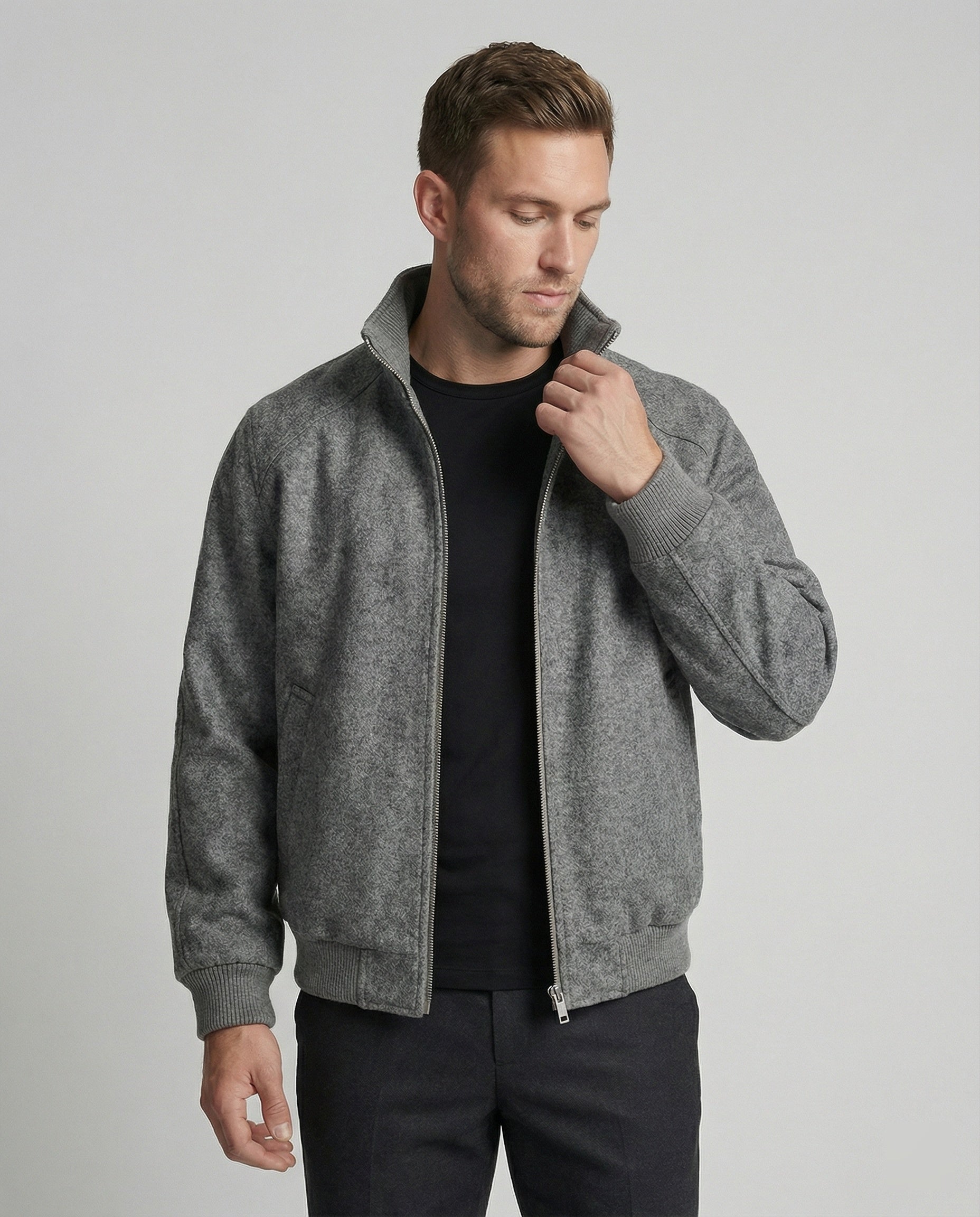 Herren kastig geschnittene Wollmix-Zipjacke mit Stehkragen Raglanärmeln und Rippbündchen R&B