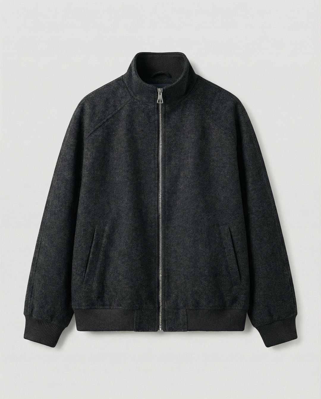 Herren kastig geschnittene Wollmix-Zipjacke mit Stehkragen Raglanärmeln und Rippbündchen R&B