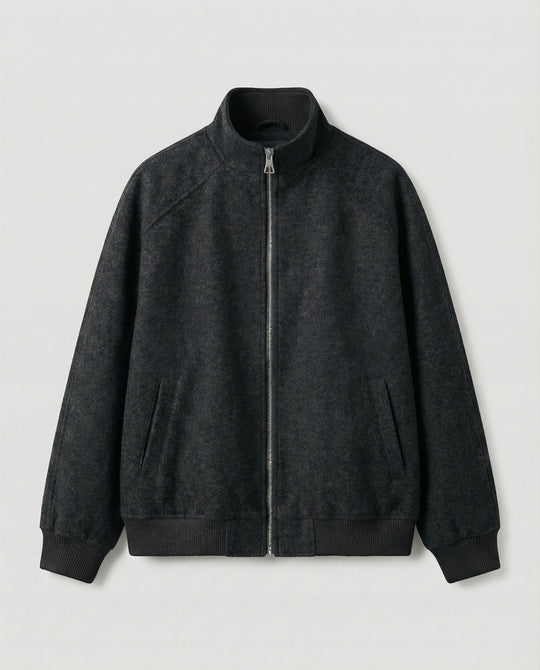 Herren kastig geschnittene Wollmix-Zipjacke mit Stehkragen Raglanärmeln und Rippbündchen R&B