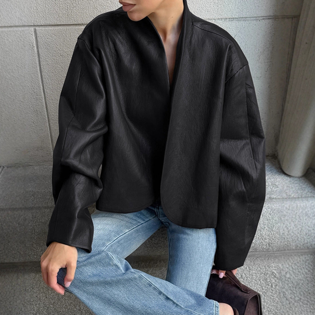 Damen modische Cropped Jacke mit voluminösen Ärmeln R&B