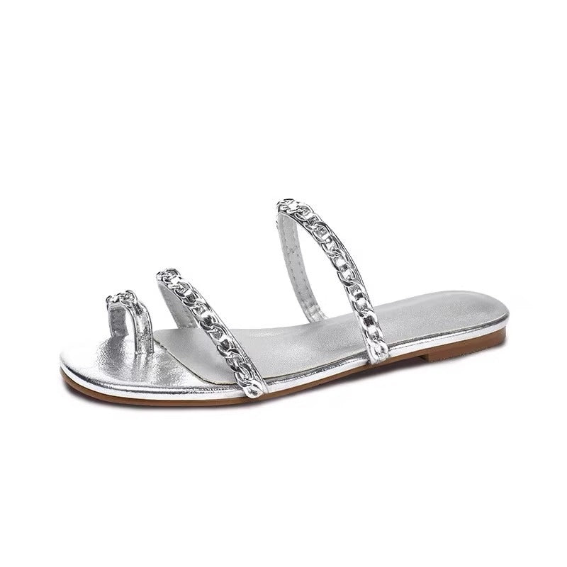 Damen elegante Pantoletten mit goldverziertem Kettendetail R&B