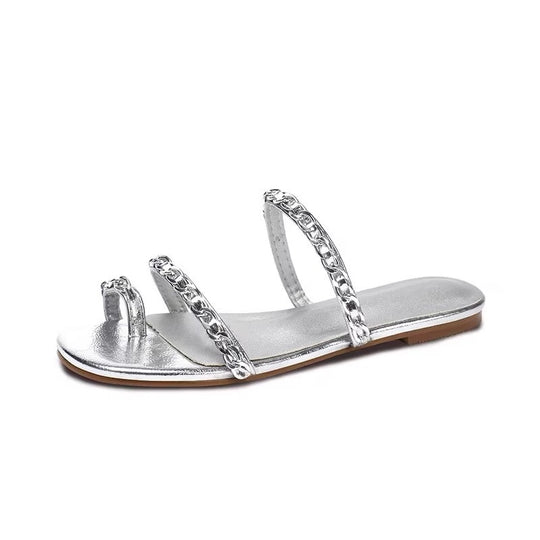 Damen elegante Pantoletten mit goldverziertem Kettendetail R&B