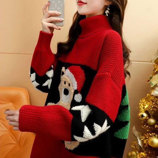 Damen Kuscheliger Rollkragenpullover mit festlichem Bärenmotiv R&B