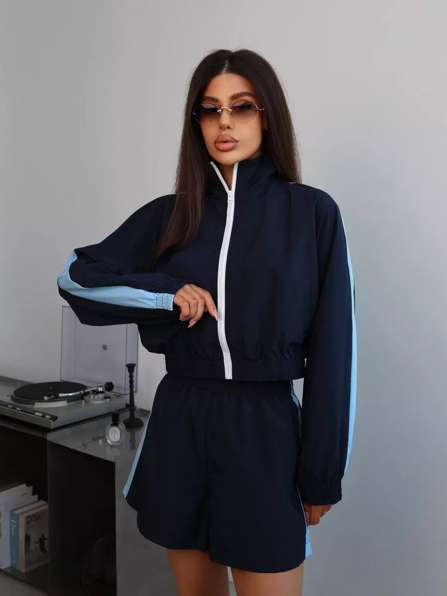 Damen sportliches Windbreaker-Set mit elastischem Bund und stylischen Kontraststreifen R&B