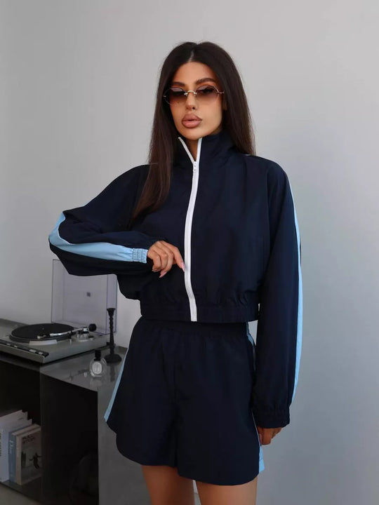 Damen sportliches Windbreaker-Set mit elastischem Bund und stylischen Kontraststreifen R&B
