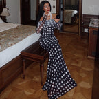 Damen Elegantes Maxikleid mit schulterfreiem Design und Punkten R&B
