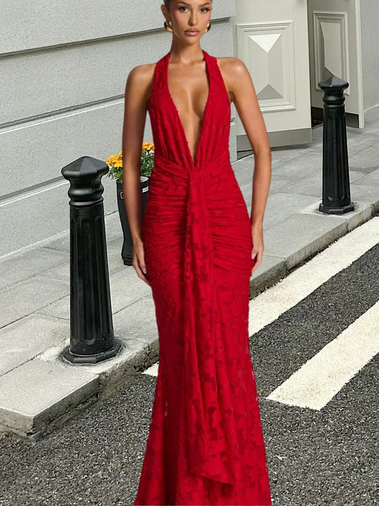 Damen Elegantes Maxikleid mit raffinierten Drapierungen und tiefem V-Ausschnitt R&B