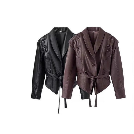 Damen Kunstlederjacke mit edlem Bindegürtel und raffinierten Schnürdetails R&B
