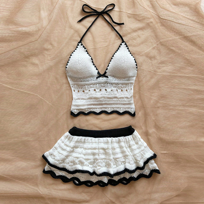 Damen Crop-Top und Rock Set mit dekorativem Häkelmuster R&B