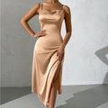 Damen langes Satin-Kleid mit sinnlichem Schlitz